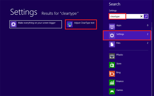 Windows 8 Desktop Search, Settings